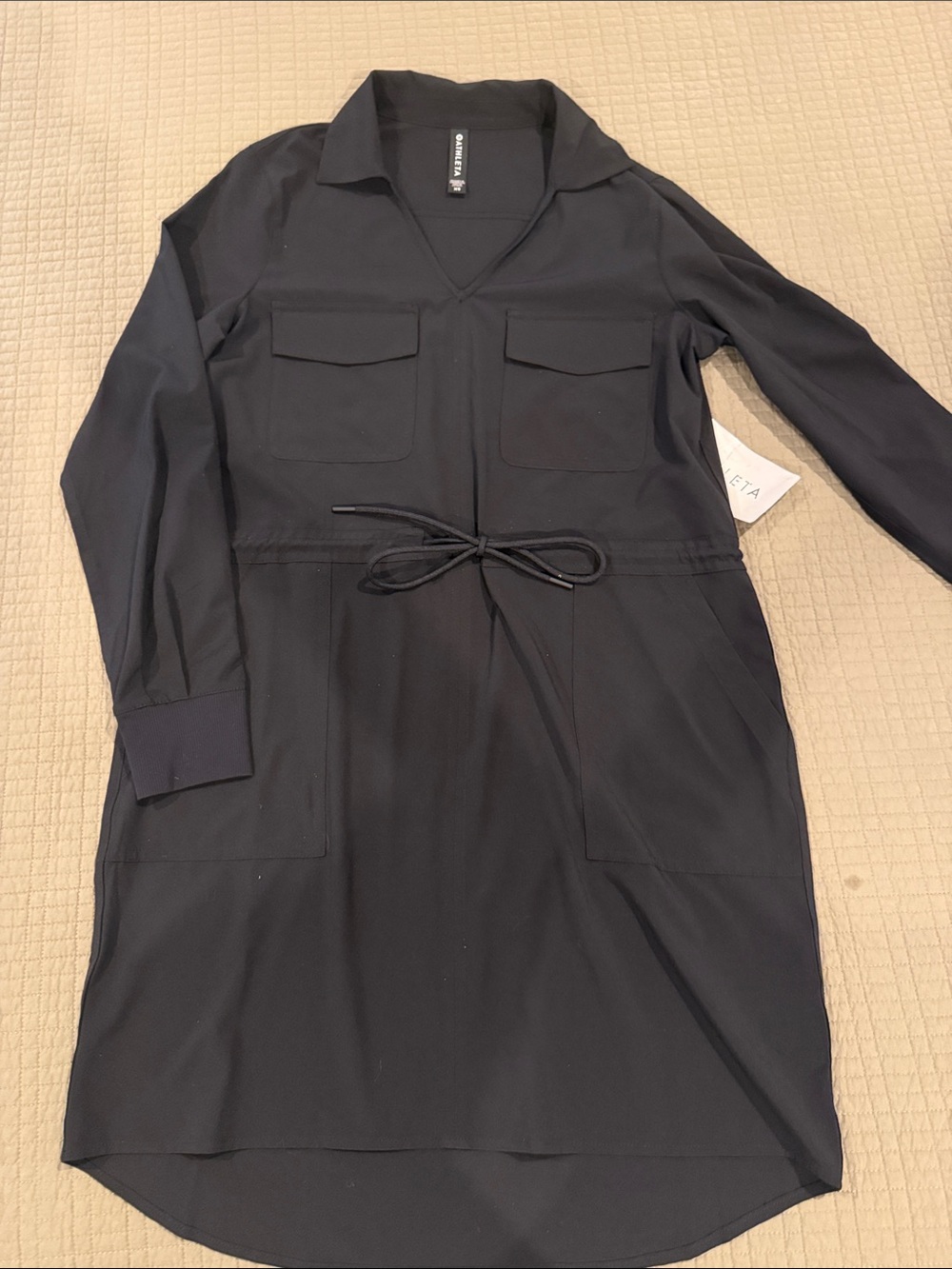Athleta Black Long-Sleeve Drawcord Shirt Dress